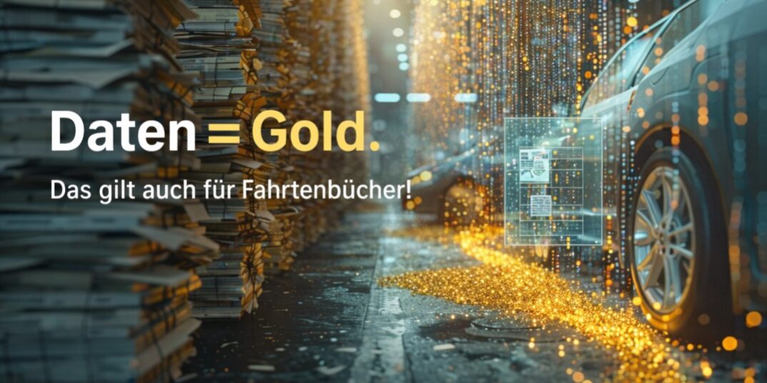Daten_sind_Gold_mitText_klein Stacks of paper logbooks on one side and digital vehicle data transforming into golden particles next to company cars on the other side, symbolizing the value of digital fleet data.