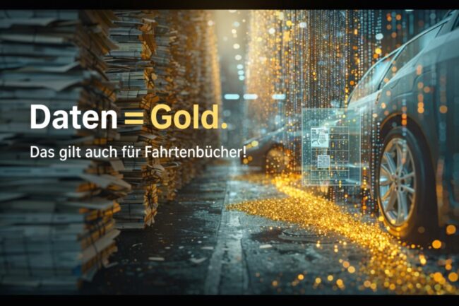 Stacks of paper logbooks on one side and digital vehicle data transforming into golden particles next to company cars on the other side, symbolizing the value of digital fleet data.