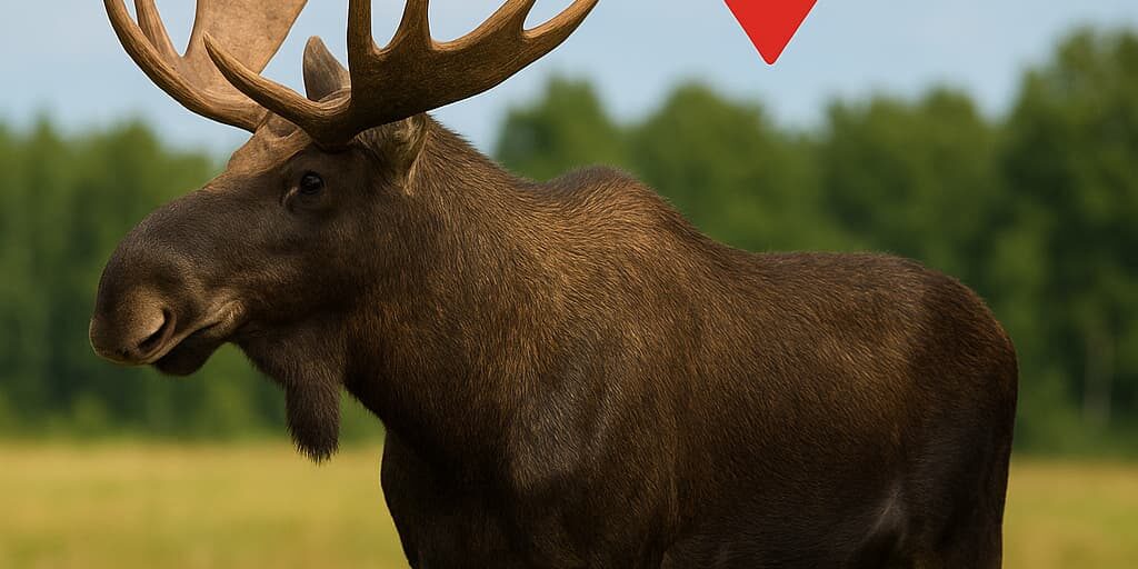 Ein Elch steht auf einer grünen Wiese mit Bäumen im Hintergrund. Über ihm ist ein roter GPS-Ortungsmarker mit der Aufschrift ‚GPS-Tracking‘.