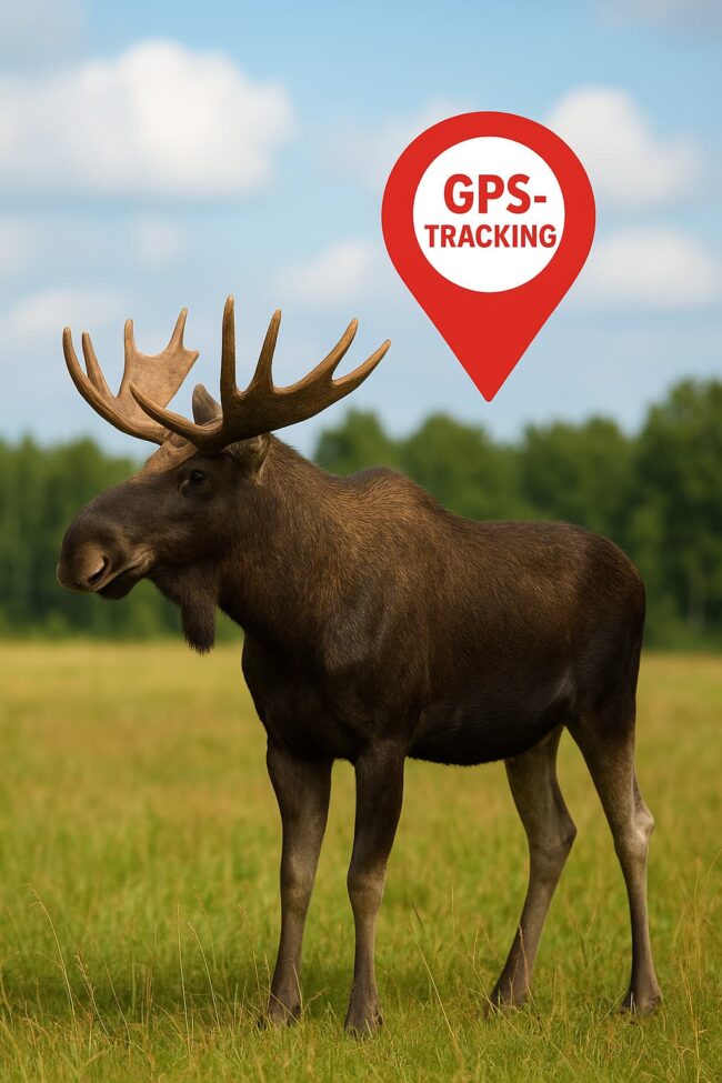 Ein Elch steht auf einer grünen Wiese mit Bäumen im Hintergrund. Über ihm ist ein roter GPS-Ortungsmarker mit der Aufschrift ‚GPS-Tracking‘.