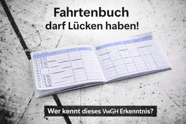 Offenes Fahrtenbuch mit sichtbaren Lücken in den Einträgen auf minimalistischem, strukturiertem Hintergrund, darüber der Hinweis, dass ein Fahrtenbuch rechtlich nicht lückenlos sein muss.