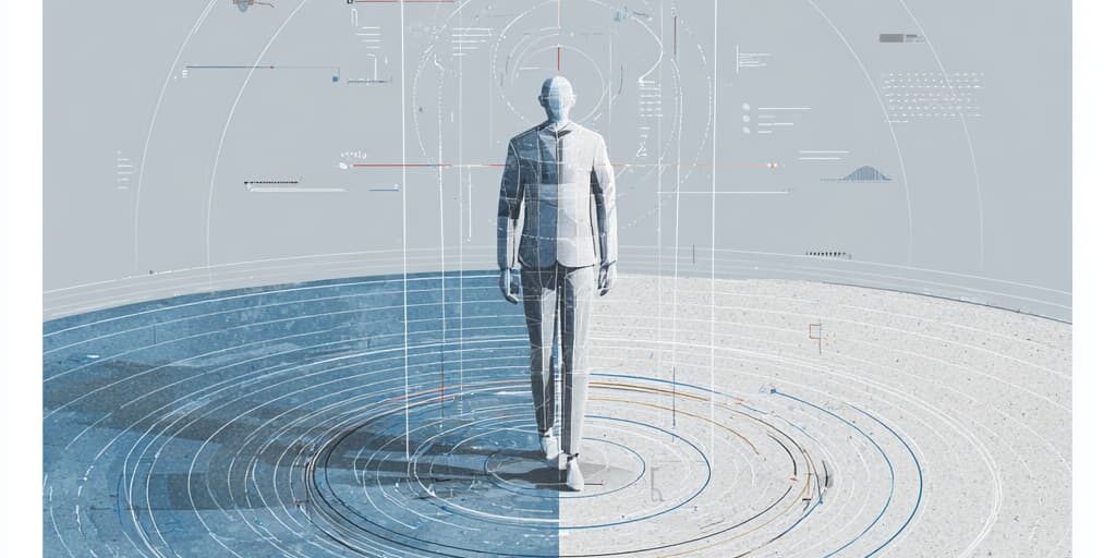 Abstrakte Darstellung einer stehenden Person im Zentrum konzentrischer Kreise, die die Grenze der Menschenwürde symbolisieren, mit visueller Trennung zwischen Bereichen, in denen Maßnahmen die Menschenwürde berühren oder nicht berühren.