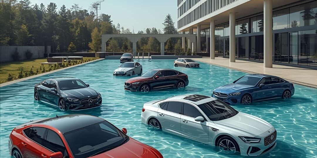 Poolauto_102025_klein Mehrere Poolautos verschiedener Marken stehen scheinbar schwimmend in einem großen Pool vor einem modernen Bürogebäude – Symbolbild für Poolfahrzeuge, die bei der Steuerprüfung „baden gehen“ könnten.