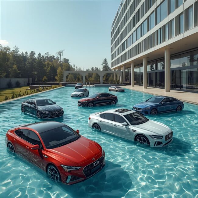 Mehrere Poolautos verschiedener Marken stehen scheinbar schwimmend in einem großen Pool vor einem modernen Bürogebäude – Symbolbild für Poolfahrzeuge, die bei der Steuerprüfung „baden gehen“ könnten.