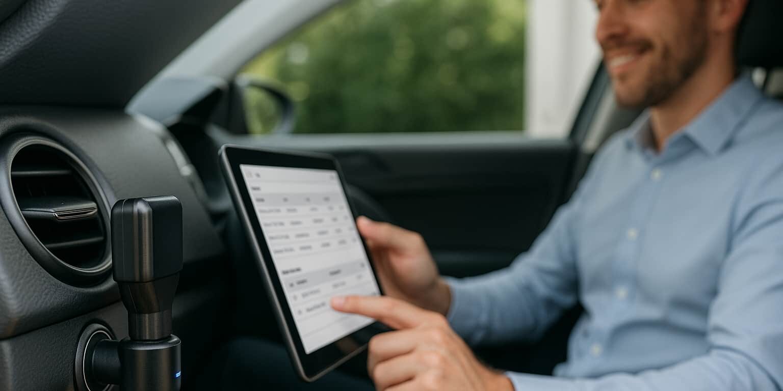 Geschäftsmann prüft Finanzamt-konformes Fahrtenbuch – Infostars macht Fahrtenbuchführung einfach und sicher