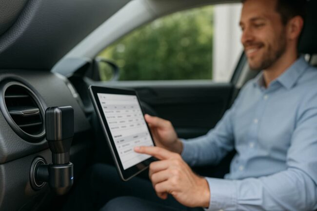 Geschäftsmann prüft Finanzamt-konformes Fahrtenbuch – Infostars macht Fahrtenbuchführung einfach und sicher